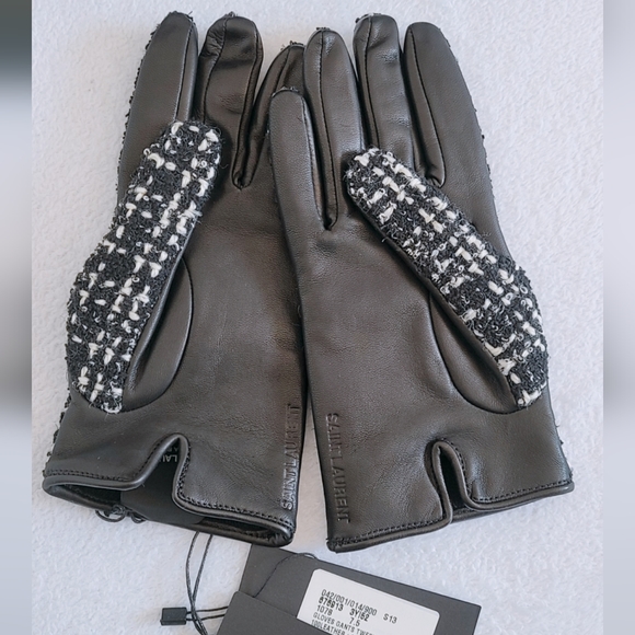 Authentic Saint Laurent YSL Checked Boucle Tweed Wool & Leather Gloves - Picture 9 of 16